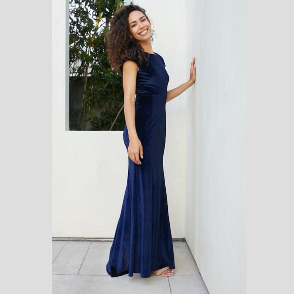 Watters Jay Velvet Short Sleeve Opened Back Gown in Navy s. 8 - Picture 2 of 2